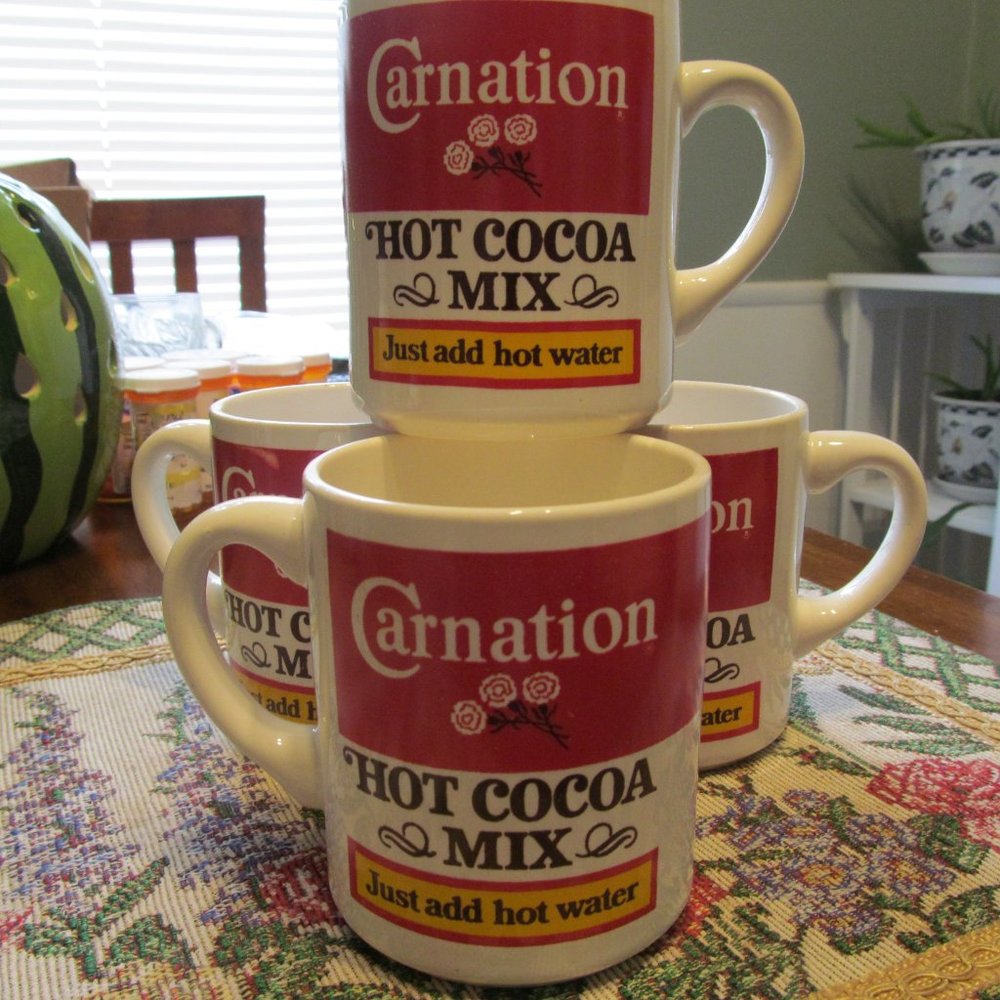 Vintage 4 New in Box Carnation Hot Cocoa Mix Mugs in Original Box w 1981 Postage